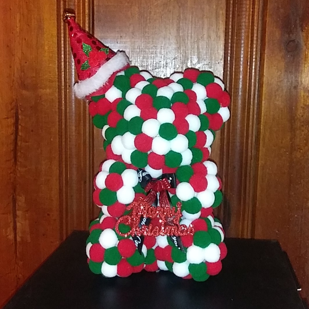 New Cotton Ball Bear w Christmas hat